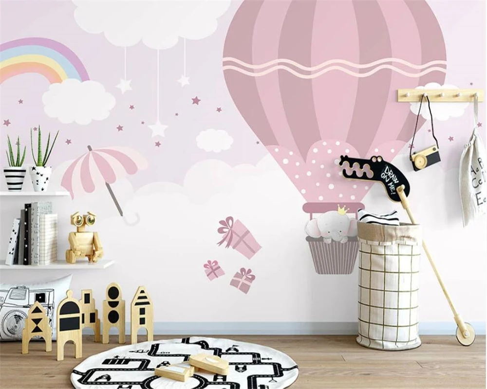

beibehang Customize new Nordic hand-painted pink hot air balloon small animal children cartoon background wallpaper papier peint