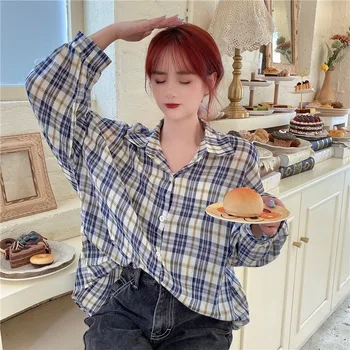 Korean Plaid Loose Design Shirt Women Vintage Turn-down Collar Thin Lantern Sleeve Loose Single Breasted Casual Shirts
Korean Plaid Loose Design Shirt Women Vintage Turn-down Collar Thin Lantern Sleeve Loose Single Breasted Casual Shirts