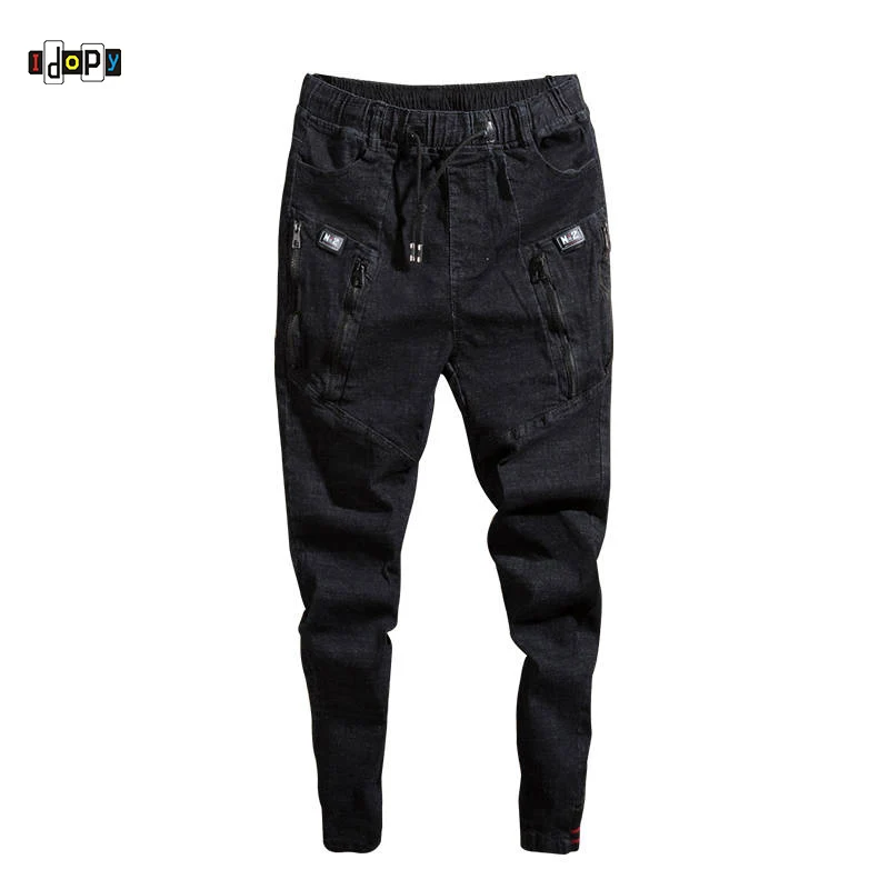 

Idopy Fashion Mens Trend Stretchy Harem Jeans Drawstring Comfy Ripped Distressed Patchwork Cuffed Denim Joggers For Male