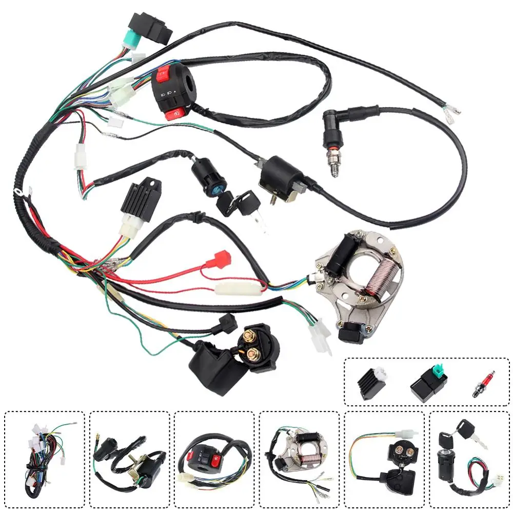Complete Electrics Wiring Harness Stator Coil CDI Solenoid Relay Spark Plug for 4 Wheelers Stroke ATV 50cc 70cc 110cc 125cc
Complete Electrics Wiring Harness Stator Coil CDI Solenoid Relay Spark Plug for 4 Wheelers Stroke ATV 50cc 70cc 110cc 125cc