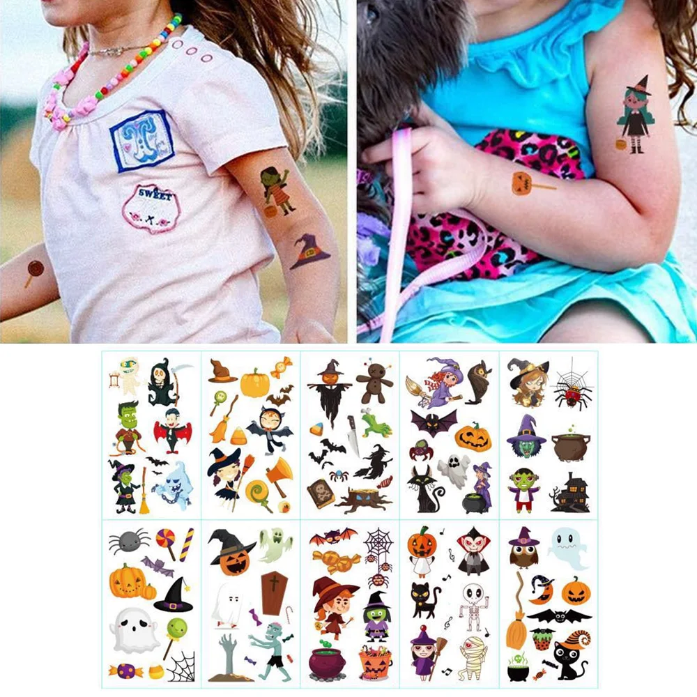 10 Sheet Halloween Tattoos Pumpkin Ghost Witch Bat Style Body Temporary Tattoo Sticker for Kid Masquerade Party Halloween Decor
10 Sheet Halloween Tattoos Pumpkin Ghost Witch Bat Style Body Temporary Tattoo Sticker for Kid Masquerade Party Halloween Decor
