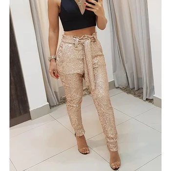 

Women Sequins Belted Slinky Pencil Pant 2019 New Solid Black/Gold Female Bling Party Nightclub Trousers