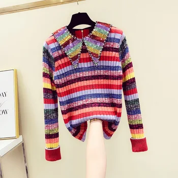 2020 New Spring Autumn Sequined Beaded Lapel Long Sleeve Women's Sweaters Doll Collar Rainbow Striped Sweater Pullover Jumper 
2020 New Spring Autumn Sequined Beaded Lapel Long Sleeve Women's Sweaters Doll Collar Rainbow Striped Sweater Pullover Jumper