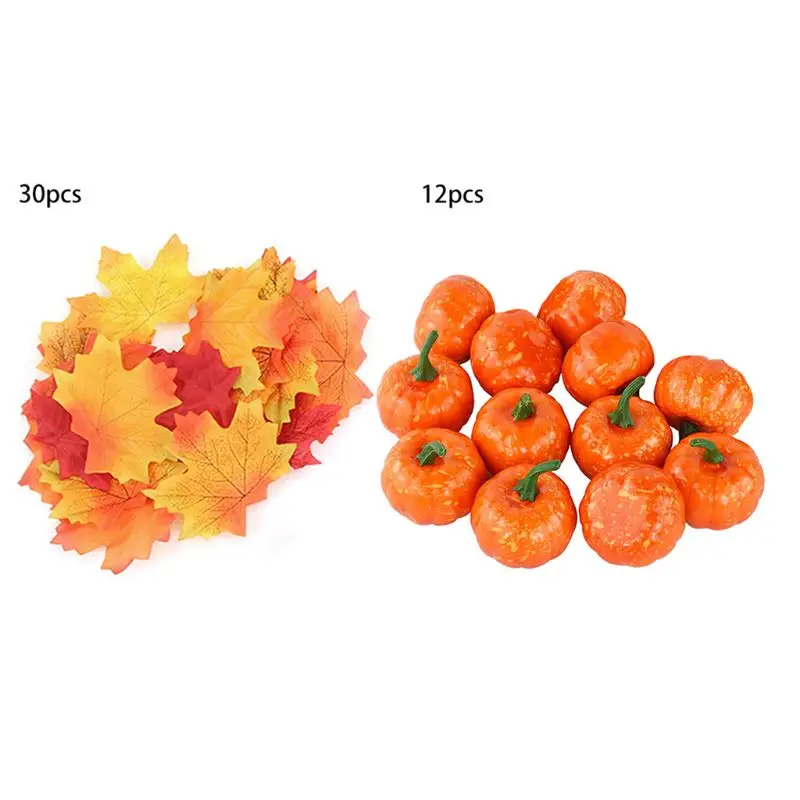 12PCS Mini Fake Pumpkins with 30PCS Lifelike Maple Leaves for Halloween Thanksgiving Decorations | Дом и сад