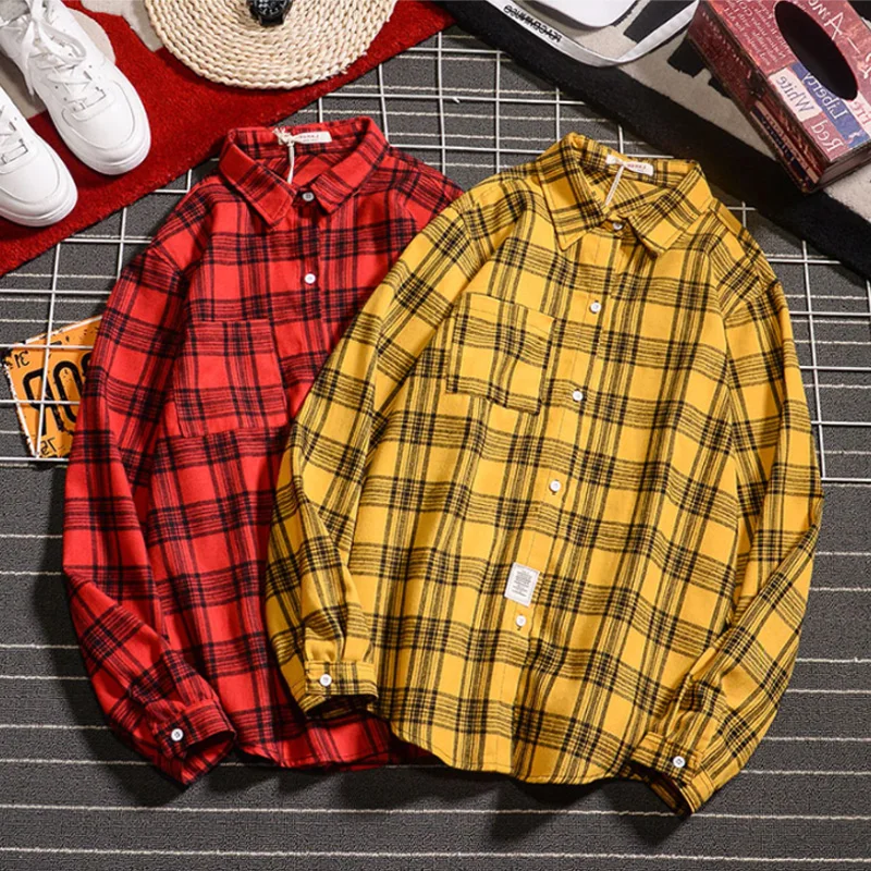 

Plus Size XXXL Vintage Cotton Long Sleeve Blouses V-Neck Turndown Loose Plaid Autumn Harajuku Streetwear Male Shirt Tops Blusa