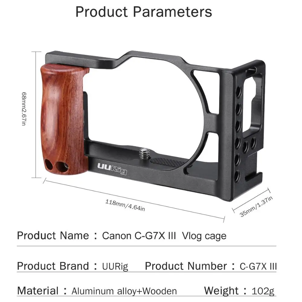 UURig Vlog Camera Cage for Canon G7X Mark III Aluminum Cage Case With Wooden Handle Hand Grip Cold Shoe Mount Camera Accessories
UURig Vlog Camera Cage for Canon G7X Mark III Aluminum Cage Case With Wooden Handle Hand Grip Cold Shoe Mount Camera Accessories