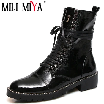 MILI-MIYA Patent Leather Women Motorcycle Ankle Boots Round Toe Rivet Footwear Low Heels Platform Autumn Office Ladies Shoes
MILI-MIYA Patent Leather Women Motorcycle Ankle Boots Round Toe Rivet Footwear Low Heels Platform Autumn Office Ladies Shoes