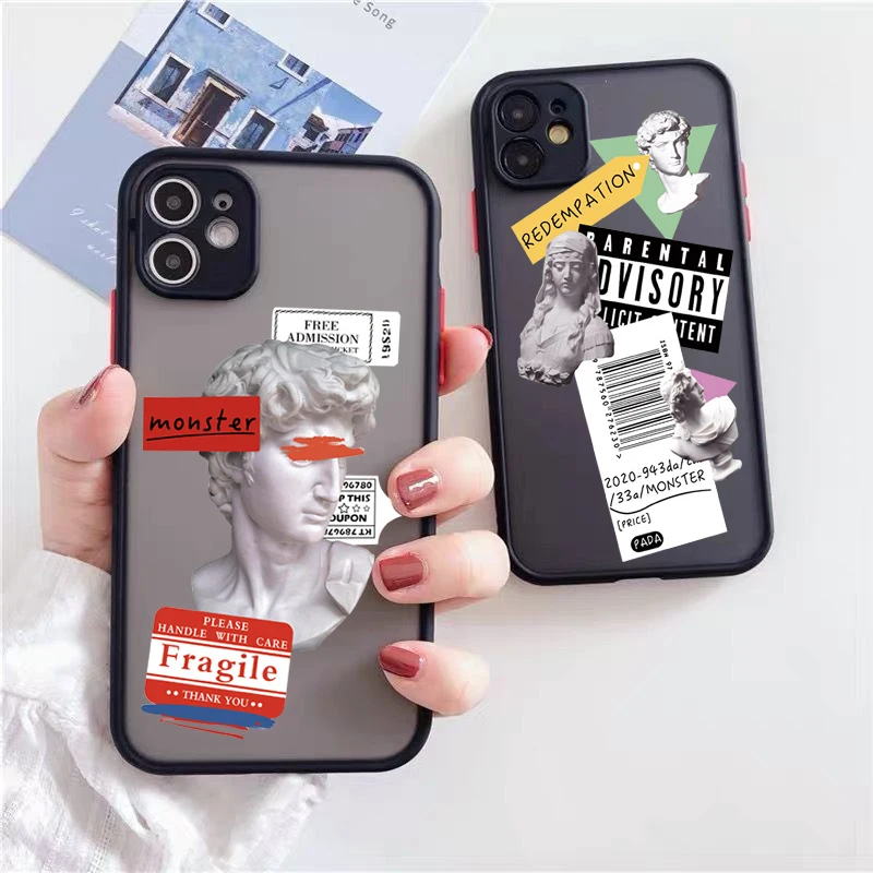 Фото JAMULAR Fashion Art Label David Statue Phone Case For iPhone 13 12 11 Pro XS MAX XR 7 SE X 8 6Plus Clear Hard Cover Matte Fundas | Мобильные