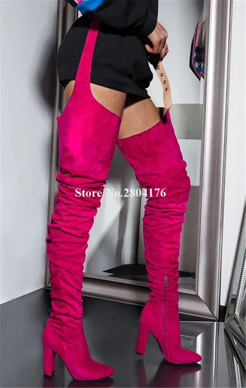 

Top Fashion Women Pointed Toe Suede Leather Waist Over Knee Chunky Heel Pant Boots Rose Red Buckle Belts Long High Heel Boots