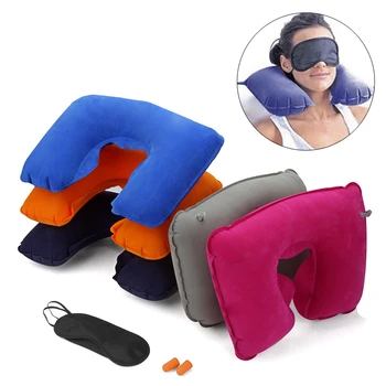 

Inflatable Flight Cotton Pillow Neck U Soft Rest Relax Air Cushion Eye Mask Earplug Set For Travel