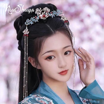 

NiuShuya Chinese Ancient Style Headdress Retro Hairpin Step Shaking Tassel Tiara Hairpin Classical Hanfu Hair Accessories