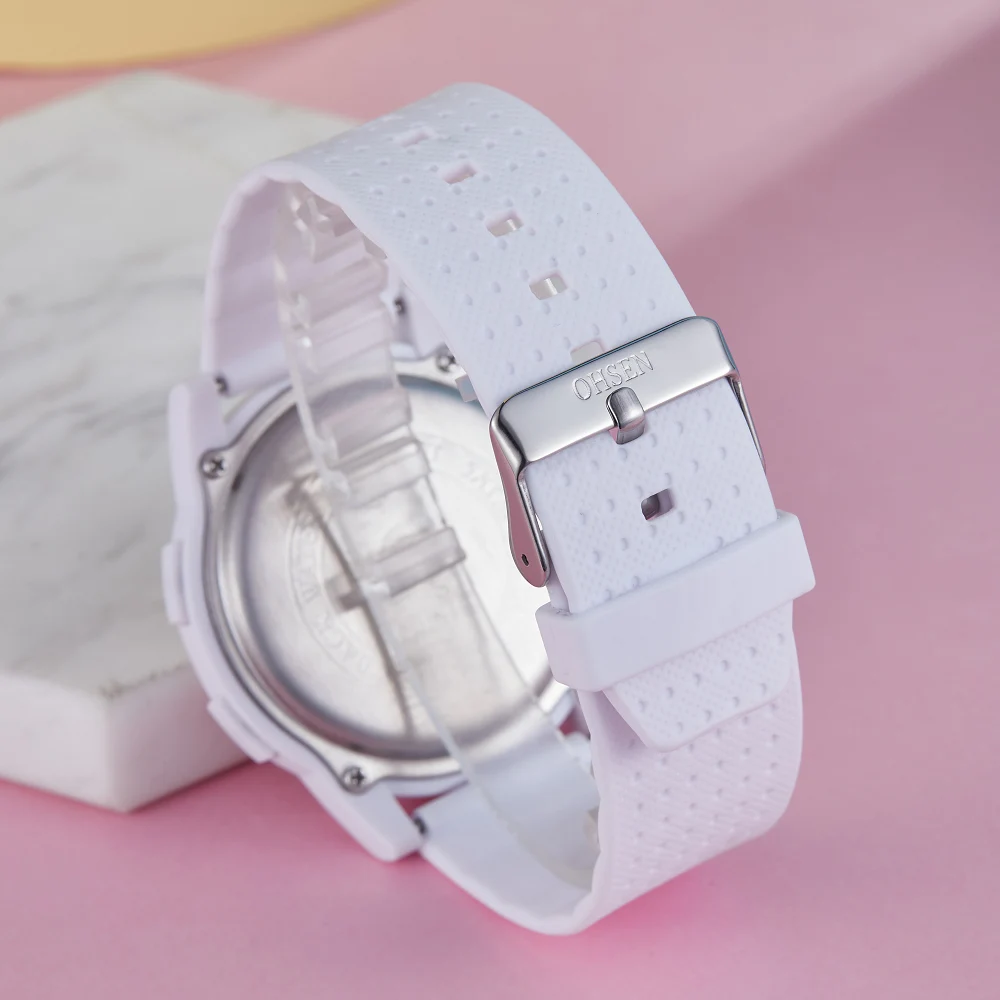 Цифровые женские наручные часы OHSEN ультратонкие модные белые водонепроницаемые