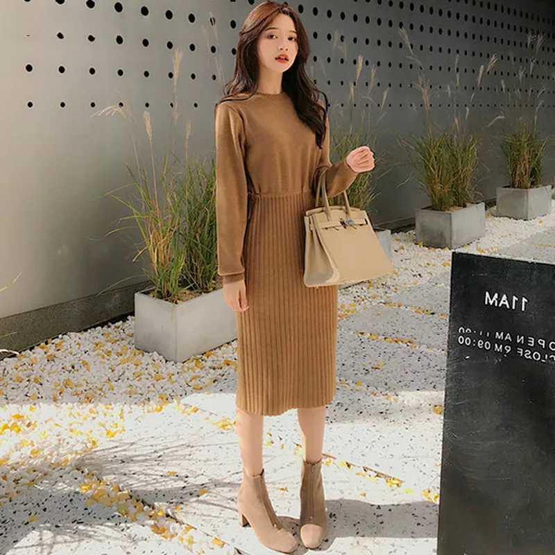 Elegant O-neck Patchwork Autumn Winter Dress Straight Women Sweater Dress Thicken Lace Up Female Jumper Dress Midi Vestidos 2019
Elegant O-neck Patchwork Autumn Winter Dress Straight Women Sweater Dress Thicken Lace Up Female Jumper Dress Midi Vestidos 2019