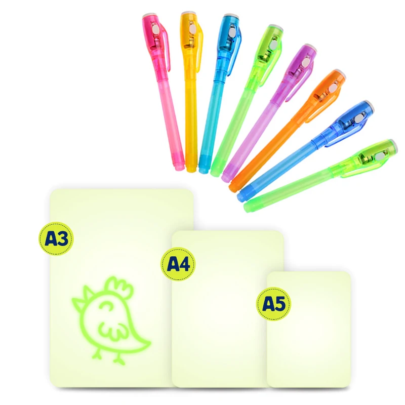 4PCS Magic Pens Draw With Light 2 In 1 UV Pen Marker Creative Invisible Painting Tools Kids Drawing Board Toys For Children Gift
4PCS Magic Pens Draw With Light 2 In 1 UV Pen Marker Creative Invisible Painting Tools Kids Drawing Board Toys For Children Gift