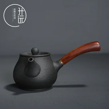 

Crude black pottery side pot handmade Japanese antique wooden handle Pu er tea maker ceramic Kung Fu tea set teapot ceremony