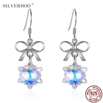 

SILVERHOO Fashion S925 Sterling Silver Earrings Snowflakes Butterfly Design Drop Earrings Austria Crystal Christmas Hot selling