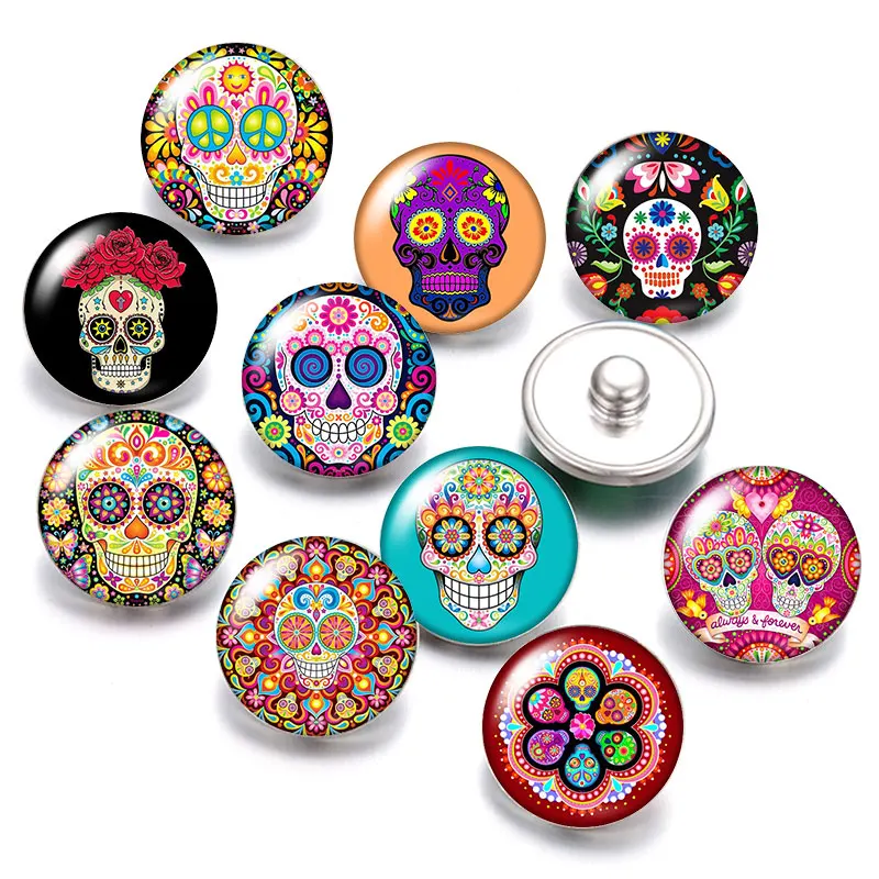 

Fashion Skull Punk 18mm snap buttons 10pcs mixed round photo glass cabochon style for 18mm snap button jewelry