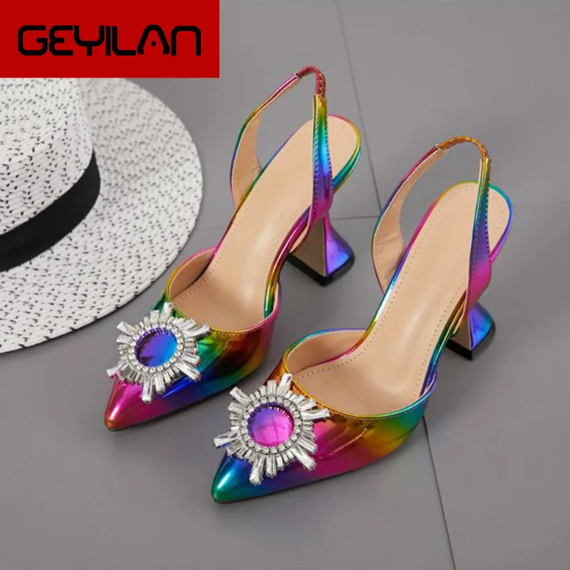 Colour PU Fashion Women Heeled Sandals Pointed Toe Rhinestone Sun Flower Spike Heels High Heel Ladies Shoes Rome Party