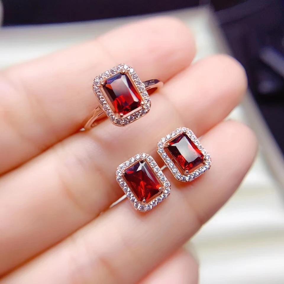 

charming red garnet ring and stud earrings for women silver jewelry set natural garnet birthstone party gift real 925 silver