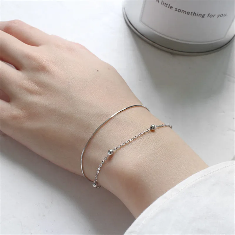 

100% 925 Sterling Silver Double Layered Bracelets For Women Accessories Minimalist Snake Chains Woman Bracelet Bangle Jewelry