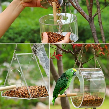 

New Acrylic Bird Feeder Food Box Anti-scatter Parrot Feeder With Stand Birds Feeding Supplies Hanging Feeding Box Outdoor