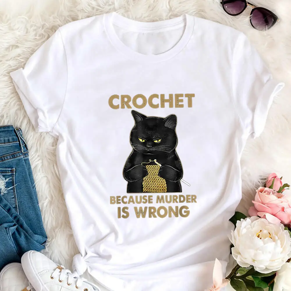 

Crochet Cat Printed 100%Cotton Women's Tshirt Cat Mom Life Funny Summer Casual O-Neck Short Sleeve Tops Cat Lover Gift