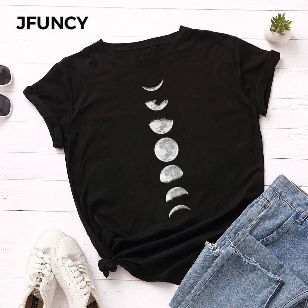 Футболка JFUNCY женская с принтом Луны и круглым вырезом рубашка большого размера