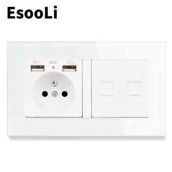 EsooLi Glass Panel French Standard Socket with 2 USB Charge Port + RJ45 Internet Jack and RJ11 2 Core Telephone Connector
EsooLi Glass Panel French Standard Socket with 2 USB Charge Port + RJ45 Internet Jack and RJ11 2 Core Telephone Connector