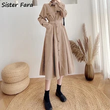 Sister Fara Spring Elegant Long Corduroy Dresses for Women's Single Breasted Knee-Length Dress Autumn New Ladies With Belt Dress
Sister Fara Spring Elegant Long Corduroy Dresses for Women's Single Breasted Knee-Length Dress Autumn New Ladies With Belt Dress
