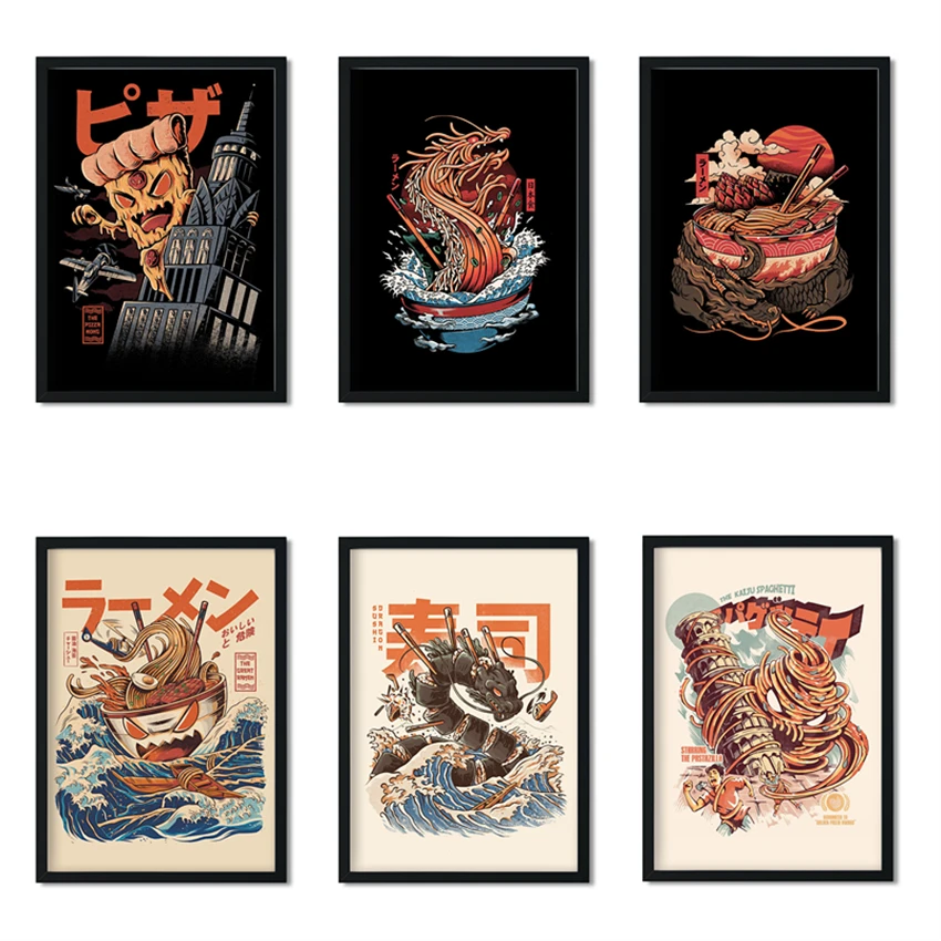 Абстрактные постеры в японском стиле рамен с изображением кошачьей еды фразы для
