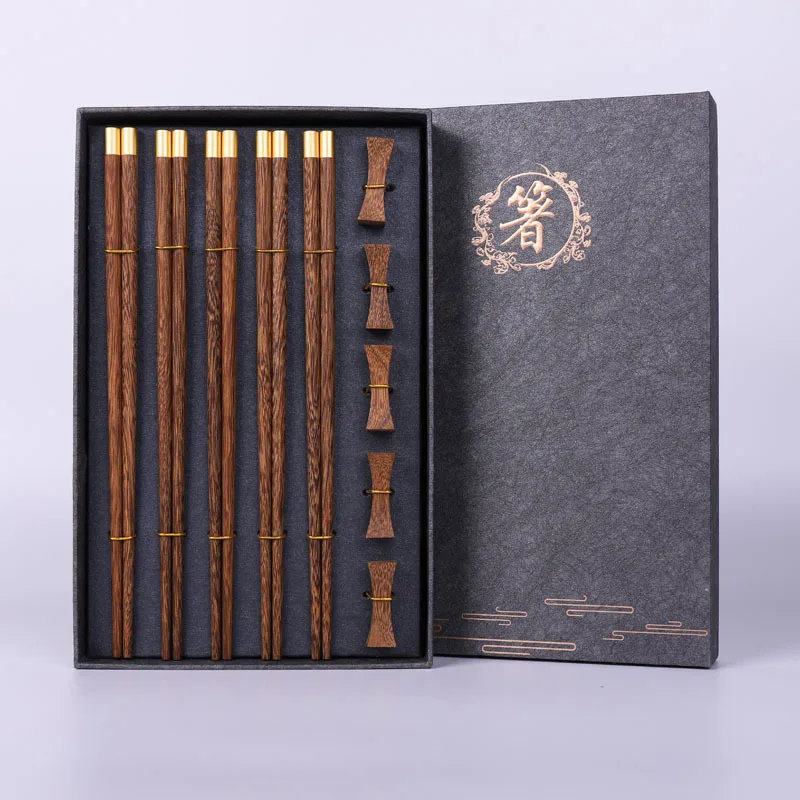 

5 Pairs High Quality Premium Wooden Gift Box Packaging Household Cylindrical Natural Wenge Wooden Chopsticks Tableware Set