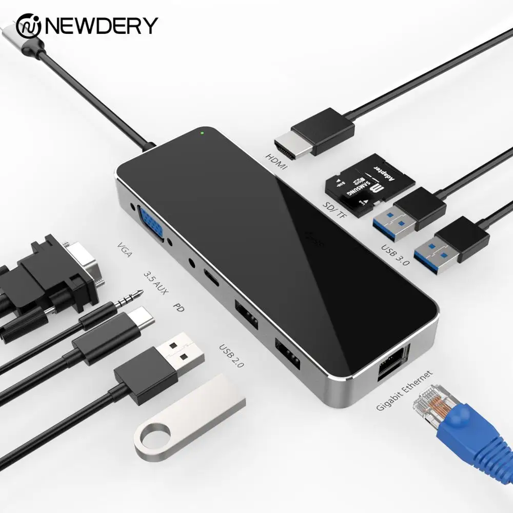 Newdery 11 in 1 USB C Dock to multi USB 3.0*3 USB C adapter Support VGA HDMI SD/TF Card 3.5mm AUX For Macbook pro Accessories 
Newdery 11 in 1 USB C Dock to multi USB 3.0*3 USB C adapter Support VGA HDMI SD/TF Card 3.5mm AUX For Macbook pro Accessories