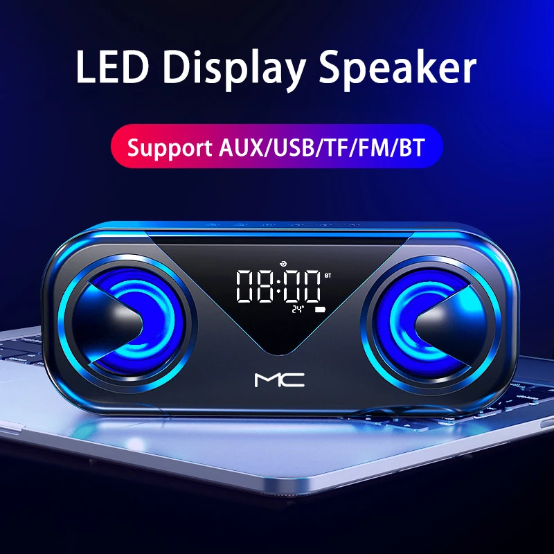 

LED Clock Portable Bluetooth Speakers Outdoor Wireless Stereo Bass Column Subwoofer Soundbar Support TF Card AUX USB Handsfree