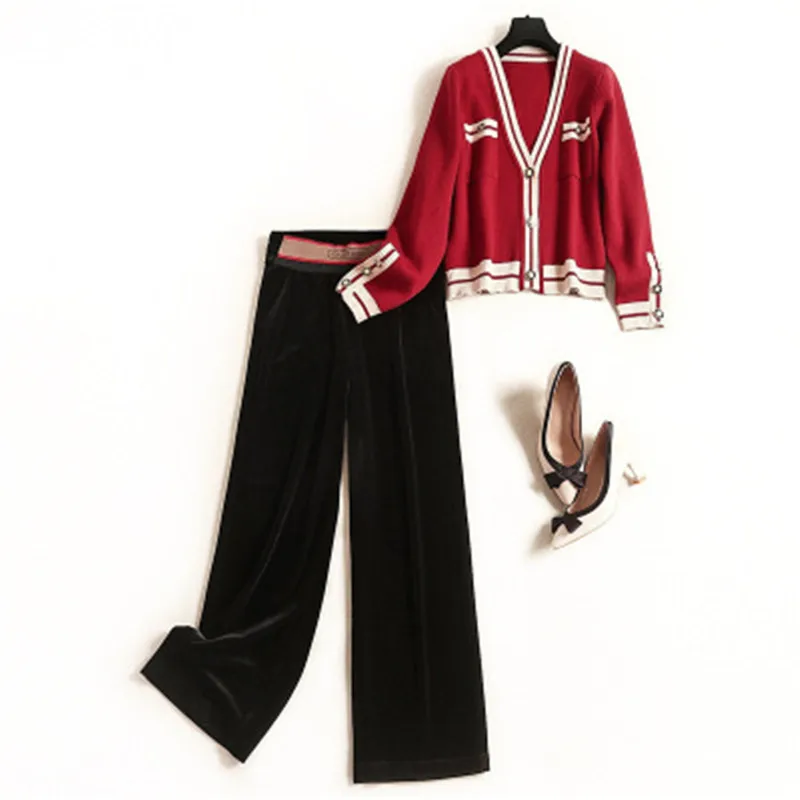 High-Quality Fashion Knitted Suit Women Spring 2021 New Stitching V-Neck Cardigan Sweater Jacket Wide Leg Pants Two-Piece Suit
High-Quality Fashion Knitted Suit Women Spring 2021 New Stitching V-Neck Cardigan Sweater Jacket Wide Leg Pants Two-Piece Suit