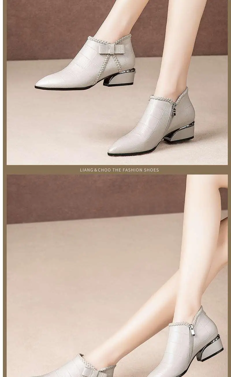 Pointed Toe Beige Square Heel Women Boots 2019 Fashion Butterfly-knot Ankle Boots Zipper PU Leather Rubber Zapatos Mujer Pointed Toe Beige Square Heel Women Boots 2019 Fashion Butterfly-knot Ankle Boots Zipper PU Leather Rubber Zapatos Mujer