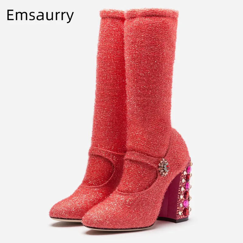 Rhinestones Super High Square Heel Boots Woman Round Toe Slim Stretch Mid Calf Botas Bling Sequins Red Walking Bottes Feminine 
Rhinestones Super High Square Heel Boots Woman Round Toe Slim Stretch Mid Calf Botas Bling Sequins Red Walking Bottes Feminine