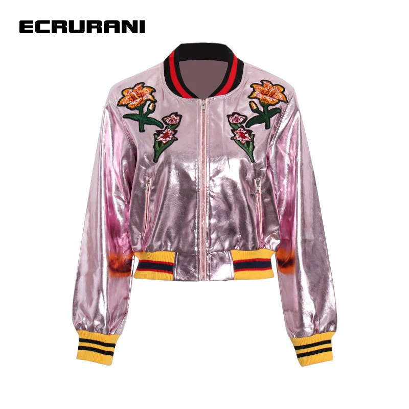 

ECRURANI Casual Embroidery Jacket For Women O Neck Long Sleeve Zipper Hit Color Jackets Female Fashion New Clothing 2021 Stylish