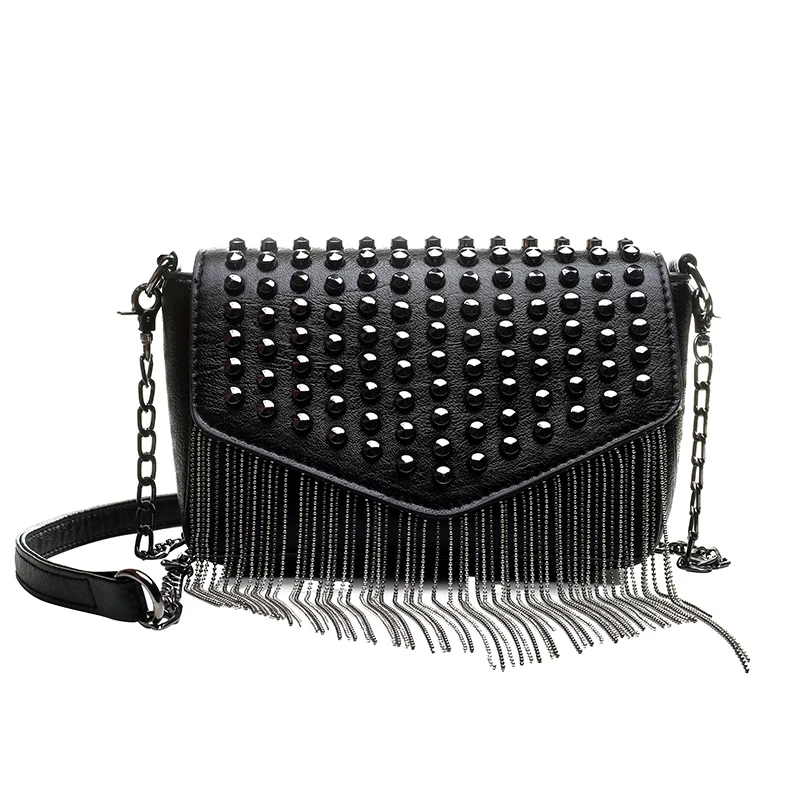 

Fashion Tassel Diamonds Brand Design Mini Chain Shoulder Bag Crossbody Black Leather Rivets Female Bolsa Sac A Main