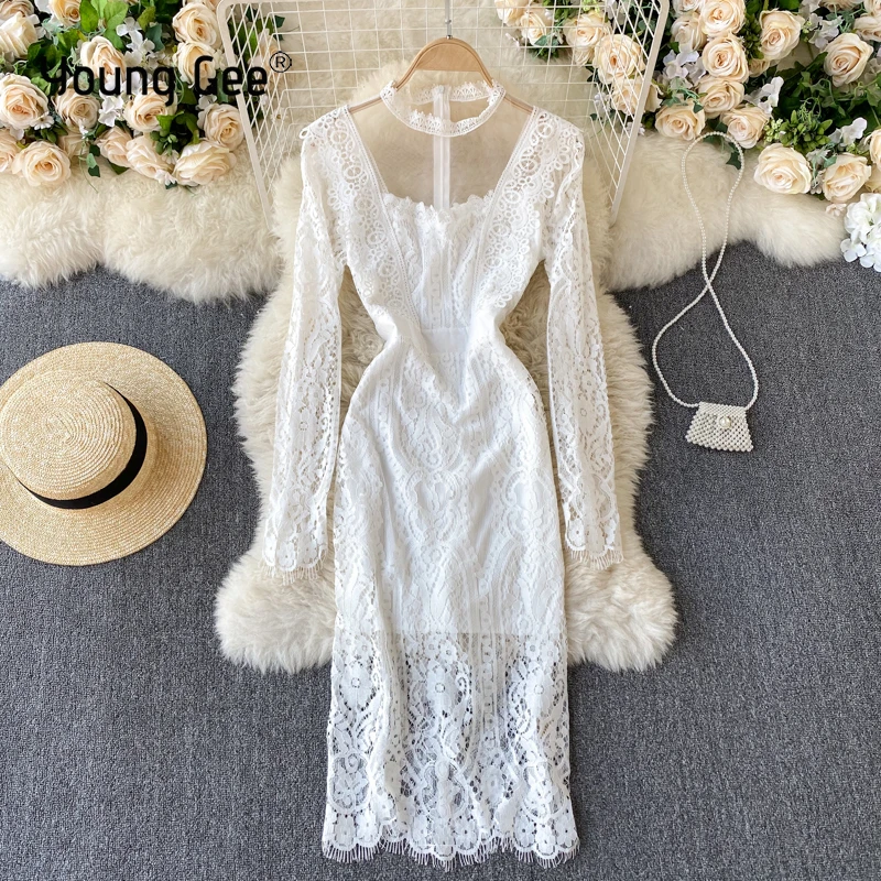 Young Gee Spring Floral Hollow Out White Lace Dress Women Long Sleeve O-Neck Slim Waist Bodycon Female Pencil Party Dresses
Young Gee Spring Floral Hollow Out White Lace Dress Women Long Sleeve O-Neck Slim Waist Bodycon Female Pencil Party Dresses