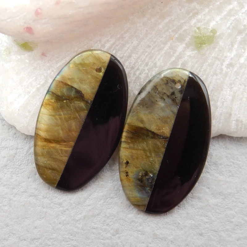

Natural Gemstone Labradorite,Obsidian gemstone beads Intarsia earrings earring Set 32x18x4mm7.5g