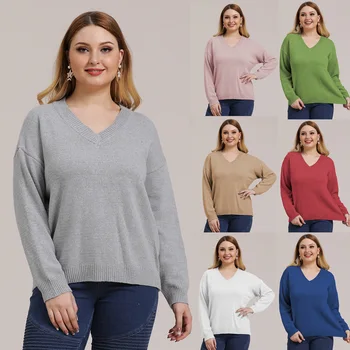 Big Code Women's Wear Solid Color Simple Knitting V Collar Pullover Sweater Long Sleeve Keep Warm Top A190705 
Big Code Women's Wear Solid Color Simple Knitting V Collar Pullover Sweater Long Sleeve Keep Warm Top A190705