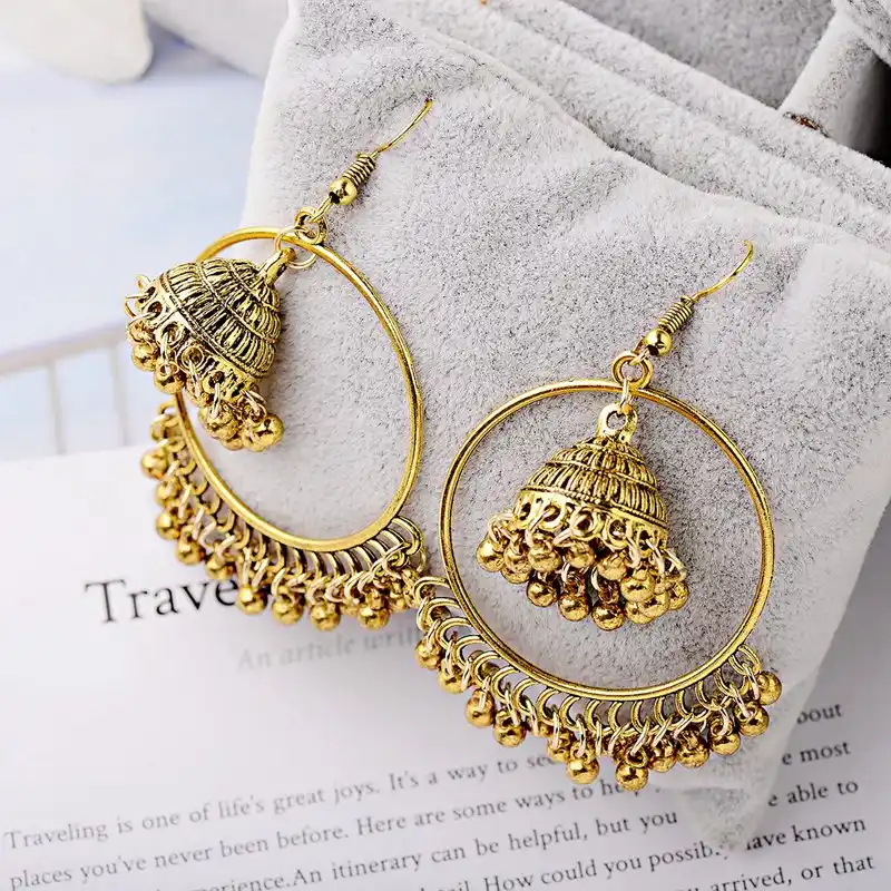 Indian Jhumka Jewelry Gold Sliver Color Small Bells Drop Tassel Earrings Women Boho Ethnic Big Round Circle Dangling Earring Drop Earrings Aliexpress