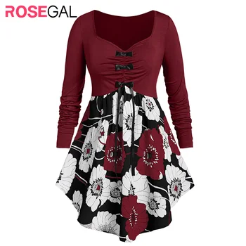 

ROSEGAL Plus Size Flower Print Asymmetric Bowknot Long Sleeve Tee Women Ruched Sweetheart Neck Tops High Waist Vintage Tees New