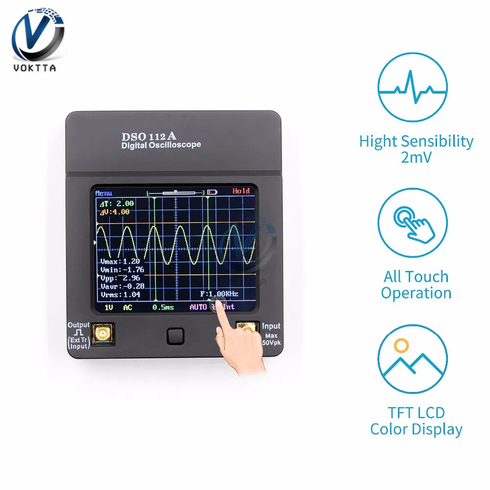 DSO112A TFT Oscilloscope Digital Wave Display Touch Screen Portatil USB Oscilloscope Interface 2Mhz 5Msps Multimeter
DSO112A TFT Oscilloscope Digital Wave Display Touch Screen Portatil USB Oscilloscope Interface 2Mhz 5Msps Multimeter