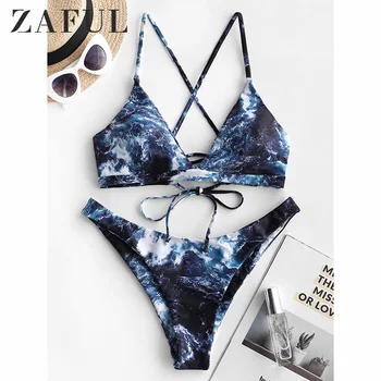 

ZAFUL Marble Chocker Swimwear Bikini Set Women High Leg Swimsuit Marble Print Choker Sexy Spaghetti Straps Bandeau Bikini