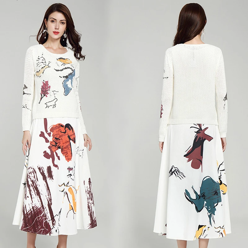Winter Fall White Warm Knitted Sweat Suit Top Sweaters Oufits Two Piece Set Women Matching Skirt Set Print Elegant Clothing
Winter Fall White Warm Knitted Sweat Suit Top Sweaters Oufits Two Piece Set Women Matching Skirt Set Print Elegant Clothing