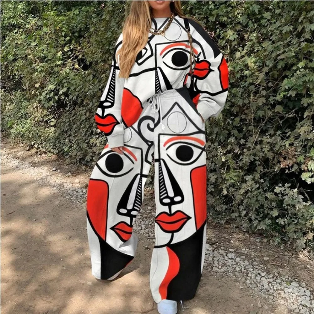 Vintage Loose Abstract Face Print Thin Sweatshirt 2 Piece Set Women O Neck Oversized Long Sleeve Pants Fashion Tops Casual Fall
Vintage Loose Abstract Face Print Thin Sweatshirt 2 Piece Set Women O Neck Oversized Long Sleeve Pants Fashion Tops Casual Fall