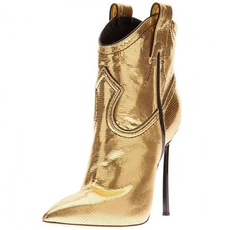 Golden Lizard Pattern Stiletto Heel Boots Pointy Toe Blade Heels Zipper Ankle Bootie Sexy Popular Party Dress Shoes
Golden Lizard Pattern Stiletto Heel Boots Pointy Toe Blade Heels Zipper Ankle Bootie Sexy Popular Party Dress Shoes