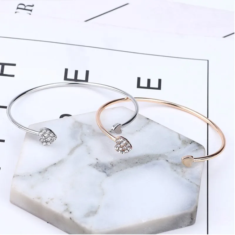 

2019 Hot New Fashion Adjustable Crystal Double Heart Bow Bilezik Cuff Opening Bracelet For Women Jewelry Gift Mujer Pulseras 7g