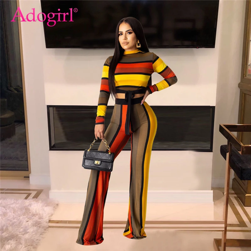 Adogirl Colorful Stripe Casual Two Piece Set O Neck Long Sleeve Bow Tie Crop Top Wide Leg Pants 2019 Autumn Women Fashion Suits
Adogirl Colorful Stripe Casual Two Piece Set O Neck Long Sleeve Bow Tie Crop Top Wide Leg Pants 2019 Autumn Women Fashion Suits